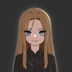 Rule 34 | 1girl, black shirt, blue eyes, breasts, brown hair, collared shirt, commentary request, dress shirt, grey background, grin, highres, long hair, looking at viewer, medium breasts, original, outline, parted bangs, rock zinc, sharp teeth, shirt, simple background, smile, solo, teeth, thick eyebrows, upper body, white outline