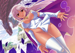 Rule 34 | 1girl, aq interactive, arcana heart, atlus, bottomless, breasts, cape, cleavage, dark-skinned female, dark skin, dress, elf, examu, large breasts, legs, long hair, misao (kami no misoshiru), no panties, parace l&#039;sia, pink hair, pointy ears, solo, thighhighs, thighs, white thighhighs