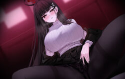 Rule 34 | 1girl, absurdres, black hair, black jacket, black panties, black pantyhose, black skirt, black suit, blue archive, blush, breasts, crotch, formal, hair ornament, hairclip, halo, highres, jacket, large breasts, long hair, long sleeves, looking at viewer, miniskirt, off shoulder, open clothes, open jacket, panties, panties under pantyhose, pantyhose, pleated skirt, red eyes, ribbed sweater, rio (blue archive), skirt, solo, spread legs, suit, sweater, thighs, turtleneck, turtleneck sweater, underwear, very long hair, white sweater, yuki (asayuki101)