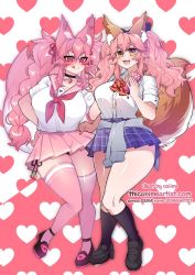 Rule 34 | 2girls, alternate costume, animal ears, black legwear, blush, breasts, brown eyes, cellphone, clothes around waist, crossover, curvy, fate/grand order, fate (series), fox, fox ears, fox girl, fox tail, gyaru, heart, heart background, indie virtual youtuber, kireina (osiimi), large breasts, licking lips, miniskirt, multiple girls, official alternate costume, orange fur, osiimi, phone, pink background, pink fur, pink hair, pink legwear, red eyes, school uniform, skirt, smartphone, sweater, sweater around waist, tail, tamamo (fate), tamamo no mae (fate/extra), tamamo no mae (jk) (fate), thick thighs, thighhighs, thighs, tongue, tongue out, trait connection, twintails, two-tone background, virtual youtuber, white background