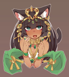 Rule 34 | 1girl, animal ears, bastet (p&amp;d), black hair, breasts, cat ears, cat tail, cleavage, dark skin, dark-skinned female, egyptian, fang, green eyes, heart, heart-shaped pupils, jewelry, long hair, looking at viewer, lots of jewelry, maze (gochama ze gohan), open mouth, puzzle &amp; dragons, solo, symbol-shaped pupils, tail, upper body