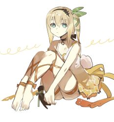 Rule 34 | 1girl, barefoot, black choker, blonde hair, blue eyes, choker, closed mouth, dress, edna (tales), full body, gloves, green ribbon, hair ribbon, hairband, highres, leg ribbon, legs, looking at viewer, ribbon, short hair, side ponytail, simple background, single glove, solo, tales of (series), tales of zestiria, talesofmea, tress ribbon, white background, white dress