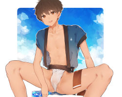 Rule 34 | 1boy, :d, absurdres, abura (euph4387), bare legs, between legs, blush, bottle, brown eyes, brown hair, bulge, collarbone, day, fundoshi, groin, hand between legs, happi, highres, holding, holding bottle, japanese clothes, looking at viewer, male focus, navel, nipples, open clothes, open mouth, original, outdoors, outside border, short hair, short sleeves, sitting, smile, solo, spread legs, towel, towel on legs, water bottle