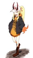 Rule 34 | 1girl, blonde hair, boushi-ya, fate/grand order, fate (series), hands in pockets, hat, highres, hood, hoodie, horns, ibaraki douji (fate), jacket, long hair, looking at viewer, oni, pointy ears, ponytail, solo, tattoo, very long hair, yellow eyes