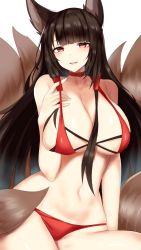 Rule 34 | 1girl, :d, akagi (azur lane), akagi (paradise amaryllis) (azur lane), alternate costume, animal ears, azur lane, bad id, bad pixiv id, bikini, blunt bangs, blush, breasts, brown hair, choker, cleavage, cowboy shot, fary5, fox ears, fox tail, hair ornament, heart, heart-shaped pupils, highres, large breasts, leaning to the side, lifted by self, long hair, looking at viewer, multiple tails, navel, open mouth, parted bangs, red bikini, red eyes, simple background, sitting, skindentation, smile, solo, stomach, string bikini, swimsuit, symbol-shaped pupils, tail, thighs, very long hair, white background, wide hips