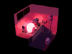 Rule 34 | 1boy, bathing, bathtub, black hair, commentary request, cryborg, glowing, highres, knees up, original, partially submerged, pink theme, ripples, shadow, short hair, solo, tile floor, tile wall, tiles, wide shot