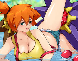 Rule 34 | 1girl, asymmetrical hair, bare arms, bare shoulders, blush, breasts, cowboy shot, creatures (company), denim, denim shorts, game freak, gen 1 pokemon, green eyes, gym leader, highres, jrpulse, large breasts, legs, looking at viewer, misty (pokemon), nintendo, orange hair, pokemon, pokemon (anime), pokemon (classic anime), ponytail, shirt, short hair, short shorts, shorts, side ponytail, smile, starmie, staryu, thick thighs, thighs, tongue, tongue out, water