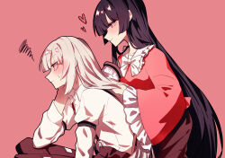 Rule 34 | 2girls, absurdres, black hair, bow, bowtie, brushing another&#039;s hair, brushing hair, closed mouth, collared shirt, commentary request, frilled shirt collar, frilled sleeves, frills, from side, fujiwara no mokou, hair brush, heart, highres, houraisan kaguya, long hair, long sleeves, multiple girls, no hair bow, pants, pink shirt, red background, red eyes, red pants, shirt, simple background, somei ooo, squiggle, sweatdrop, touhou, very long hair, white bow, white bowtie, white hair, white shirt