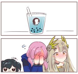 Rule 34 | 2koma, 3girls, arknights, black choker, black hair, blue jacket, blue poison (arknights), blush, bubble tea, choker, closed mouth, closure (arknights), comic, covering face, drink, drinking straw, feather hair ornament, feathers, flying sweatdrops, full-face blush, hair ornament, hood, hood down, hooded jacket, jacket, kelsuis, light brown hair, long hair, low twintails, medium hair, mole, mole under eye, muelsyse (arknights), multiple girls, orange eyes, pink hair, pointy ears, roe, silent comic, sweat, nervous sweating, twintails, two side up