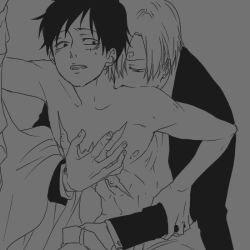 Rule 34 | 2boys, formal, groping, hand in pants, male focus, monkey d. luffy, monochrome, multiple boys, one piece, pixiv sample, ryo (pixiv966497), sanji (one piece), scar, topless male, suit, undressing, yaoi