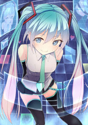 Rule 34 | 1girl, aqua hair, arms behind back, black thighhighs, blue eyes, detached sleeves, gradient hair, hatsune miku, highres, inushi, long hair, looking at viewer, multicolored hair, necktie, pink hair, skirt, smile, solo, thighhighs, twintails, very long hair, vocaloid, zettai ryouiki