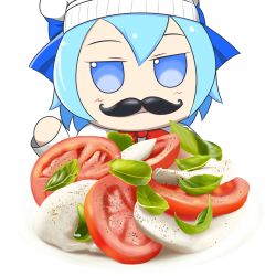 Rule 34 | absurdres, basil leaf, blue bow, blue eyes, blue hair, blush, blush stickers, bow, caprese salad, cheese, chef hat, chef, cirno, destoroyar, facial hair, fake facial hair, fake mustache, food, fumo (doll), hat, highres, mustache, plate, red bow, salad, tomato, touhou, transparent background