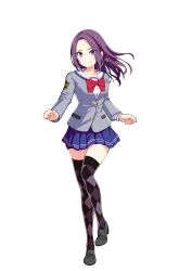 Rule 34 | 1girl, absurdres, artist request, blazer, blue skirt, bow, bowtie, breasts, collarbone, collared shirt, earrings, full body, highres, jacket, jewelry, loafers, long hair, looking at viewer, magicami, miniskirt, official art, pleated skirt, purple eyes, purple hair, school uniform, shirt, shoes, sidelocks, skirt, small breasts, smile, sodeshiro seira, standing, standing on one leg, thighhighs, transparent background, white shirt, zettai ryouiki