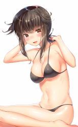 Rule 34 | 10s, 1girl, alternate breast size, arm behind head, bad anatomy, bikini, black bikini, blush, breasts, brown hair, collarbone, covered erect nipples, hair flaps, hatsuzuki (kancolle), highres, kantai collection, kneeling, large breasts, looking at viewer, navel, ntk (7t5), open mouth, red eyes, short hair, simple background, skindentation, solo, strap pull, swimsuit, upper body, white background