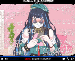 Rule 34 | bare shoulders, beret, black hair, blue-tinted eyewear, blue hair, blush, bracelet, chat log, colored inner hair, door, fate/grand order, fate (series), green hat, green jacket, grey eyes, hat, holding, jacket, jewelry, livestream, long hair, looking at viewer, looking over eyewear, mask, mouth mask, multicolored hair, neck ring, nick (pix425), o-ring, pink background, plant, round eyewear, sunglasses, tenochtitlan (fate), tenochtitlan (second ascension) (fate), tinted eyewear, two-tone hair, wavy hair, zipper