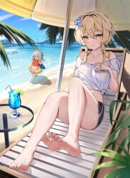 Rule 34 | 1other, 2girls, :q, absurdres, bare legs, bare shoulders, barefoot, beach, beach chair, beach umbrella, black shorts, blonde hair, blue sky, breasts, cloud, commentary request, day, feet, flower, foot focus, foreshortening, genshin impact, grey hair, hair between eyes, hair flower, hair intakes, hair ornament, highres, knee up, large breasts, legs, long hair, looking at viewer, lumine (genshin impact), midriff, multiple girls, ocean, off-shoulder shirt, off shoulder, outdoors, paimon (genshin impact), radoremo, shirt, short shorts, short sleeves, shorts, sitting, sky, smile, soles, thighs, tied shirt, toenails, toes, tongue, tongue out, umbrella, water, white flower, white shirt, yellow eyes