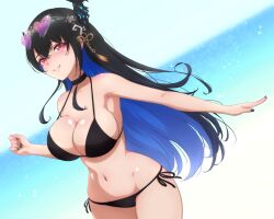 Rule 34 | 1girl, asymmetrical horns, bare shoulders, bikini, black bikini, black choker, black hair, black nails, blue hair, breasts, choker, colored inner hair, demon horns, eyewear on head, hair ornament, heart, heart-shaped pupils, highres, hololive, hololive english, horns, large breasts, long hair, looking at viewer, mole, mole under eye, multicolored hair, nerissa ravencroft, p-nekoe, red eyes, side-tie bikini bottom, smile, solo, swimsuit, symbol-shaped pupils, two-tone hair, uneven horns, virtual youtuber