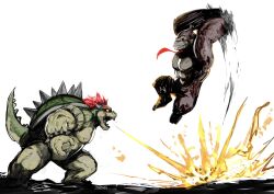 Rule 34 | 2boys, armlet, artist name, barrel, battle, bowser, bracelet, breath weapon, breathing fire, crossover, donkey kong, donkey kong (series), fire, furry, furry male, godzilla, godzilla (series), godzilla vs. kong, grin, highres, holding barrel, jewelry, jumping, king kong, king kong (series), legendary pictures, mario (series), monkey boy, monsterverse, multiple boys, multiple crossover, nintendo, open mouth, red hair, sharp teeth, shell, short hair, smile, spiked armlet, spiked bracelet, spikes, super mario bros. 1, super smash bros., tail, teeth, toho, yourfreakyneighbourh