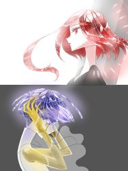 Rule 34 | 2others, androgynous, bad id, bad pixiv id, blue eyes, blue hair, blunt bangs, cinnabar (houseki no kuni), colored eyelashes, colored skin, crying, crying with eyes open, crystal hair, easty, gem uniform (houseki no kuni), golden arms, holding head, houseki no kuni, long bangs, multiple others, phosphophyllite, phosphophyllite (ll), red eyes, red hair, see-through, short hair, spoilers, tears, upper body, white skin