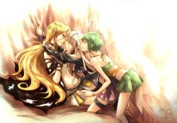 Rule 34 | 3girls, after kiss, all fours, bad id, bad pixiv id, bare shoulders, bdsm, blonde hair, blue eyes, bondage, bound, bound wrists, green eyes, green hair, gumi, highres, ia (vocaloid), lily (vocaloid), long hair, multiple girls, navel, open mouth, pink hair, saliva, saliva trail, short hair, skirt, smile, sweat, vocaloid, y@n, yuri