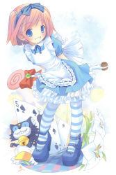 Rule 34 | 1girl, absurdres, ah-kun, alice (alice in wonderland), alice (alice in wonderland) (cosplay), alice in wonderland, apron, arms behind back, blue dress, blue eyes, blue skirt, blush, bob cut, bow, candy, card, checkered floor, cosplay, dress, floating card, floor, flower, food, frills, grin, hairband, highres, holding, ka-kun, lily (flower), lollipop, moetan, nijihara ink, no nose, pink hair, pop, ribbon, short hair, skirt, smile, solo, striped clothes, striped thighhighs, thighhighs, twintails, two side up, wand