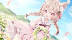 Rule 34 | 1girl, animal ear fluff, animal ears, blue sky, bow, bowtie, braid, brown bow, brown bowtie, cloud, commentary, commission, cowboy shot, dress, field, flower, flower field, frilled dress, frills, gomano rio, hanamura lily, hill, holding, holding wreath, light brown hair, long sleeves, looking at viewer, open mouth, original, outdoors, petals, pink dress, red eyes, sailor collar, sailor dress, skeb commission, sky, smile, solo, star (symbol), star in eye, symbol in eye, thighhighs, twin braids, white sailor collar, white thighhighs