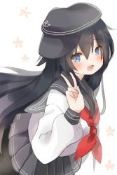 Rule 34 | 1girl, akatsuki (kancolle), anchor symbol, artist request, black pantyhose, black sailor collar, black skirt, blue eyes, blue hair, commentary, flat cap, flower, hair between eyes, hat, kantai collection, long hair, long sleeves, looking at viewer, neckerchief, one-hour drawing challenge, open mouth, pantyhose, pleated skirt, red neckerchief, sailor collar, school uniform, serafuku, simple background, skirt, smile, solo, v, white background