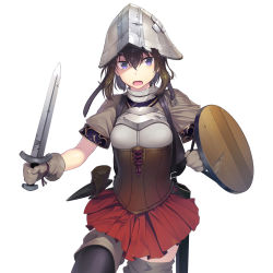 Rule 34 | 1girl, armor, breasts, brown hair, commentary request, helmet, holding, holding shield, holding weapon, leather armor, looking at viewer, medium breasts, nonderi, open mouth, original, purple eyes, red skirt, shield, short hair, short sleeves, simple background, skirt, solo, sword, weapon, white background, wooden shield