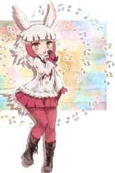 Rule 34 | 1girl, alternate footwear, bird tail, bird wings, black hair, boots, commentary request, frilled sleeves, frills, full body, fur collar, gloves, head wings, highres, japanese crested ibis (kemono friends), kemono friends, kolshica, long hair, long sleeves, microphone, multicolored hair, musical note, neck ribbon, pantyhose, pleated skirt, red gloves, red hair, red pantyhose, red skirt, ribbon, sidelocks, skirt, solo, tail, white hair, wings, yellow eyes