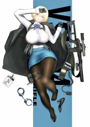 Rule 34 | 1girl, absurdres, belt, black gloves, black jacket, black pantyhose, blonde hair, blue belt, blue eyes, blue neckerchief, blue skirt, blush, breasts, buckle, character name, collared shirt, commentary request, cuffs, full body, girls&#039; frontline, gloves, guchagucha, gun, hair between eyes, hair ornament, hand on own head, handcuffs, head tilt, high heels, highres, id card, jacket, knee up, large breasts, long sleeves, looking at viewer, lying, magazine (weapon), mole, mole under eye, neckerchief, on back, pantyhose, parted lips, pencil skirt, pouch, rifle, shadow, shirt, shirt tucked in, shoes, short hair, sidelocks, skirt, snap-fit buckle, sniper rifle, snowflake hair ornament, solo, striped neckerchief, striped neckwear, suppressor, taut clothes, taut shirt, thigh pouch, thighband pantyhose, thighs, unworn footwear, unworn jacket, unworn shoes, vsk-94, vsk-94 (girls&#039; frontline), walkie-talkie, weapon, white background, white shirt