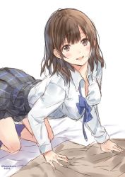 Rule 34 | 1girl, all fours, bad id, bad twitter id, blue bow, blue bowtie, blush, bow, bowtie, breasts, brown eyes, brown hair, commentary request, eyebrows, hanekoto, leaning back, looking at viewer, matching hair/eyes, medium breasts, original, plaid, plaid skirt, school uniform, sketch, skirt, smile, solo