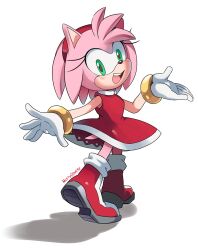 Rule 34 | 1girl, amy rose, artist name, dress, furry, furry female, gloves, green eyes, looking at viewer, open mouth, red dress, red footwear, scarletopalite, shadow, simple background, sonic (series), teeth, upper teeth only, watermark, white background, white gloves