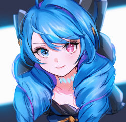 Rule 34 | 1girl, ahoge, blue eyes, blue hair, close-up, drill hair, gloves, gwen (league of legends), highres, league of legends, lipstick, long hair, looking to the side, makeup, matching hair/eyes, ribbon, solo, star-shaped pupils, star (symbol), symbol-shaped pupils