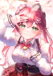 Rule 34 | 1girl, :3, ahoge, bare shoulders, bell, blurry, blurry foreground, breasts, cherry blossoms, commentary request, eyelashes, frilled skirt, frills, green eyes, hair between eyes, hair ornament, hand up, highres, hololive, long hair, long sleeves, looking up, momikodayo, neck bell, off shoulder, pleated skirt, red hair, red skirt, sakura miko, sakura miko (casual), skirt, smile, solo, upper body, virtual youtuber, wavy mouth, ||/