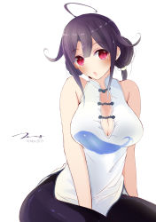 Rule 34 | 10s, 1girl, ahoge, alternate costume, alternate hairstyle, bare shoulders, breasts, chinese clothes, cleavage cutout, clothing cutout, double bun, female focus, hair ornament, highres, kantai collection, large breasts, looking at viewer, open mouth, pantyhose, purple hair, red eyes, sitting, solo, taigei (kancolle), tebi (tbd11)
