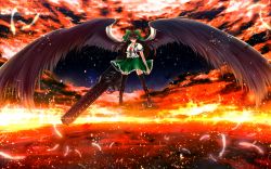 Rule 34 | 1girl, alternate weapon, arm cannon, bandages, black thighhighs, black wings, boots, bow, brown hair, cape, cloud, feathers, female focus, hair bow, highres, large wings, long hair, nekominase, red eyes, reiuji utsuho, shirt, skirt, sky, solo, space, sparks, sunset, thighhighs, third eye, touhou, wallpaper, weapon, wings, zettai ryouiki