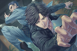 Rule 34 | 2boys, back-to-back, black hair, black jacket, black shirt, brown footwear, closed mouth, collarbone, collared shirt, dress shirt, ear piercing, facing viewer, fighting stance, formal, frown, grey eyes, grey pants, grey suit, hair slicked back, higashi tooru, jacket, judge eyes, leaning forward, leather, leather jacket, leg up, long sleeves, looking away, male focus, multiple boys, open clothes, open hands, open jacket, pants, parted hair, piercing, pinstripe pattern, pinstripe suit, shirt, shoes, short hair, standing, standing on one leg, striped, suit, sunglasses, t-shirt, talgi, v-shaped eyebrows, white shirt, yagami takayuki