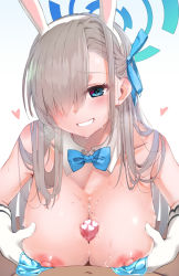 Rule 34 | 1boy, 1girl, animal ear hairband, animal ears, asuna (blue archive), asuna (bunny) (blue archive), blue archive, blue bra, blue eyes, blue neckwear, blush, bow, bowtie, bra, breast hold, breasts, cleavage, commentary request, fake animal ears, gloves, hair over one eye, highres, large breasts, leotard, light brown hair, long hair, mole, mole on breast, nipples, paizuri, penis, playboy bunny, rabbit ear hairband, rabbit ears, simple background, sweat, syamo piyo, traditional bowtie, underwear, white background, white gloves