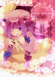 Rule 34 | 1girl, akai, border, crescent, crescent moon, doily, female focus, hat, lace, lace border, long sleeves, moon, ornate border, patchouli knowledge, pillow, purple eyes, purple hair, solo, tears, touhou, wince, yawning