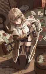 Rule 34 | 1girl, absurdres, blonde hair, boots, bottle, bracelet, breasts, card, cleavage, from above, gold can, groin, gun, hair between eyes, handgun, highres, holding, holding bottle, jacket, jewelry, looking at viewer, looking up, medium breasts, medium hair, money, original, playing card, poker chip, revealing clothes, ring, skindentation, sleeveless, smile, solo, standing, stool, thighhighs, weapon, wire