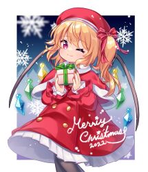 Rule 34 | 1girl, 2022, alternate costume, black pantyhose, blonde hair, blue background, box, capelet, closed mouth, coat, commentary, crystal, english commentary, english text, fang, feet out of frame, flandre scarlet, gift, gift box, gradient background, green ribbon, hair ribbon, holding, holding gift, long sleeves, looking at viewer, medium hair, merry christmas, mimi (mimi puru), multicolored wings, nail polish, one eye closed, one side up, pantyhose, pine tree, red capelet, red coat, red eyes, red headwear, red nails, red ribbon, ribbon, skin fang, smile, snowflake background, solo, touhou, tree, wings