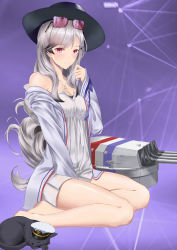 Rule 34 | 1girl, absurdres, azur lane, between legs, black hat, blush, breasts, butterfly hair ornament, cannon, cat, cleavage, cup, dress, dunkerque (afternoon venus) (azur lane), dunkerque (azur lane), eyewear on head, frozen-sad, grey hair, hair ornament, hand between legs, hand up, hat, highres, holding, holding cup, jacket, jewelry, knee up, large breasts, long hair, looking at viewer, parted lips, shiny skin, sidelocks, sitting, solo, sunglasses, thighs, tinted eyewear, turret, white dress, white jacket, yokozuwari