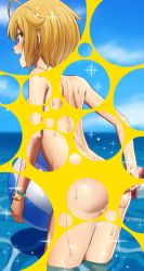 Rule 34 | 1girl, :d, ahoge, armpit crease, ass, back, ball, beachball, blonde hair, blue background, blue sky, bracelet, bubble filter, cloud, day, from behind, highres, horizon, ibuki tsubasa, idolmaster, idolmaster million live!, idolmaster million live! theater days, jewelry, long hair, nude, ocean, ogi non, open mouth, outdoors, profile, short hair, sky, smile, solo, sparkle, swimsuit, teeth, thighs, upper teeth only, wading, water, wet