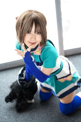 Rule 34 | 1girl, asian, blue gloves, blue thighhighs, branky, breasts, brown eyes, brown hair, cosplay, dutch angle, elbow gloves, fingerless gloves, gensou suikoden, gensou suikoden iii, gloves, highres, indoors, kipi-san, kneeling, looking at viewer, mel, mel (cosplay), mole, photo (medium), puppet, short hair, small breasts, smile, stuffed animal, stuffed toy, thighhighs, zettai ryouiki