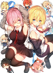 Rule 34 | 1boy, 6+girls, ahoge, anastasia (fate), animal ear fluff, animal ears, armpits, arms up, artoria pendragon (fate), artoria pendragon (lancer) (fate), bare shoulders, black-framed eyewear, black dress, black hair, black headwear, black legwear, blonde hair, blue cape, blue cloak, blue coat, blue eyes, blue leotard, blunt bangs, boots, bra, bradamante (fate), bradamante (first ascension) (fate), braid, breasts, brown gloves, brown hairband, brown ribbon, cape, chibi, chibi inset, cleavage, cloak, clothes pull, coat, commentary request, covered navel, crown, crown braid, dress, elbow gloves, fate/apocrypha, fate/extra, fate/grand order, fate (series), flower, fox ears, fox girl, fox tail, french braid, fujimaru ritsuka (female), fujimaru ritsuka (female) (mage&#039;s association uniform), fujimaru ritsuka (male), fujimaru ritsuka (male) (mage&#039;s association uniform), fur-trimmed jacket, fur trim, glasses, gloves, green eyes, grey flower, grey rose, hair between eyes, hair ornament, hair over one eye, hair scrunchie, hairband, highleg, highleg leotard, highres, jacket, jeanne d&#039;arc (fate), jeanne d&#039;arc (girl from orleans) (fate), jeanne d&#039;arc (ruler) (fate), large breasts, leotard, light purple hair, long hair, loose necktie, lord el-melloi ii case files, mash kyrielight, mini person, miniboy, minigirl, multiple girls, necktie, off shoulder, official alternate costume, one side up, open clothes, open mouth, open shirt, orange hair, orange scrunchie, pantyhose, pantyhose pull, pink hair, purple eyes, red neckwear, reines el-melloi archisorte, ribbon, rose, royal robe, scrunchie, short hair, side ponytail, sidelocks, silver hair, simple background, smile, sune (mugendai), sweatdrop, tail, tamamo (fate), tamamo no mae (fate/extra), thigh strap, thighhighs, tilted headwear, twintails, underwear, very long hair, white background, yellow eyes, zettai ryouiki