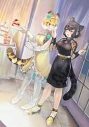 Rule 34 | 2girls, ;q, alternate costume, animal ears, bare shoulders, black dress, black hair, black jaguar (kemono friends), blonde hair, blue eyes, breasts, cake, cake slice, cat girl, cleavage, cleavage cutout, clothing cutout, colored inner hair, commentary, commission, contemporary, cup, curtains, dress, drink, drinking glass, dutch angle, extra ears, fang, flower, food, food on face, fork, formal, frilled dress, frills, full body, gem, gloves, hair flower, hair ornament, hairband, half-closed eyes, halterneck, hands up, high heels, highres, holding, holding cup, holding fork, holding plate, igarashi (nogiheta), indoors, jaguar (kemono friends), jaguar ears, jaguar girl, jaguar tail, jewelry, kemono friends, long sleeves, looking at another, medium dress, medium hair, multicolored hair, multiple girls, one eye closed, open mouth, pantyhose, pearl (gemstone), plate, raised eyebrow, see-through, see-through sleeves, sidelocks, skeb commission, smile, standing, strapless, strapless dress, tail, tongue, tongue out, watch, white hair, window, wine glass, wristwatch, yellow dress, yellow eyes