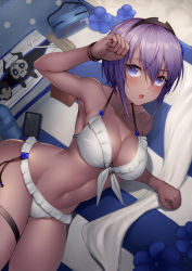 Rule 34 | 1girl, 2boys, :o, arm support, arm up, armpits, assassin (fate/zero), bag, beach towel, bikini, black hairband, blush, bottle, breasts, cellphone, cleavage, collarbone, commentary request, dark-skinned female, dark skin, fate/grand order, fate (series), frilled bikini, frills, from above, goggles, hairband, halterneck, hassan of serenity (fate), in bag, in container, king hassan (fate), kyoeiki, lying, medium breasts, mini person, miniboy, multiple boys, navel, on side, open mouth, phone, purple hair, short hair, smartphone, solo focus, stomach, string bikini, swimsuit, thigh strap, towel, water bottle, white bikini, wristband