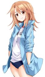 Rule 34 | 10s, 1girl, blonde hair, blush, brown eyes, buruma, cowboy shot, gym uniform, hair between eyes, hands in pockets, highres, idolmaster, idolmaster cinderella girls, jacket, kazuchi, looking at viewer, name tag, open clothes, open jacket, shirt, simple background, sleeves rolled up, smile, solo, thighs, track jacket, white background, white shirt, yuuki haru