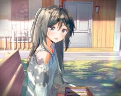 Rule 34 | 10s, 1girl, alternate costume, bare shoulders, bento, black hair, blue eyes, building, casual, day, door, eyebrows, from side, hair ribbon, house, kantai collection, katsuragi (kancolle), long hair, looking at viewer, off-shoulder, off-shoulder sweater, off shoulder, open mouth, outdoors, ponytail, ribbon, rokuroku (xd p), sitting, solo, sweater, tongue, upper body, window, wooden floor, wooden wall