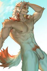 Rule 34 | 1boy, abs, aixiwuganda (20222192), animal ears, arknights, bara, brown fur, bulge, completely nude, dog boy, dog ears, flaccid, from below, furry, furry male, hand on own head, highres, horns, hung (arknights), large pectorals, male focus, male pubic hair, medium hair, multicolored hair, muscular, muscular male, navel, nipples, nude, orange eyes, orange hair, pectorals, penis, pubic hair, single horn, smirk, solo, stomach, streaked hair, thick thighs, thighs, two-tone fur, uncensored